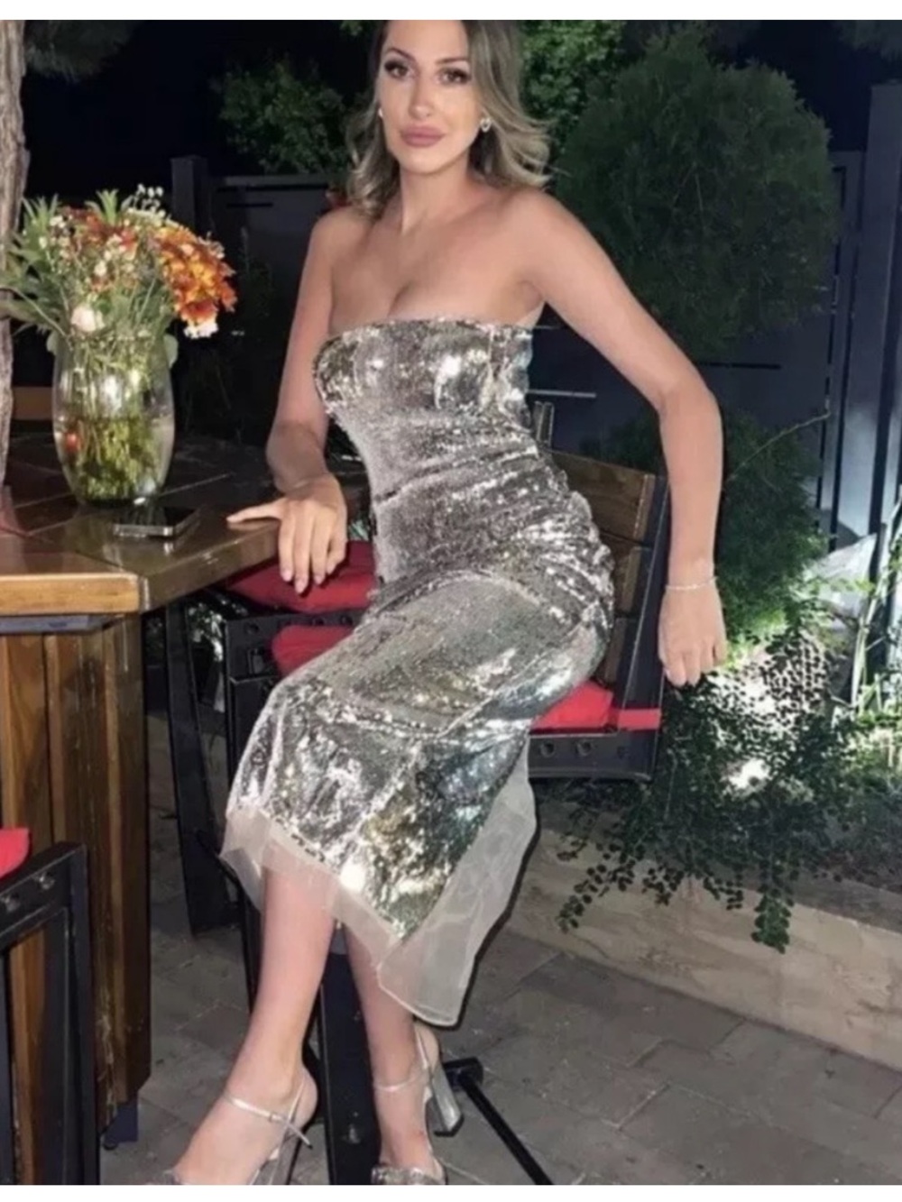 Zara Strapless Silver Metallic Sequin Midi Tube Dress Size Small - Picture 2 of 12